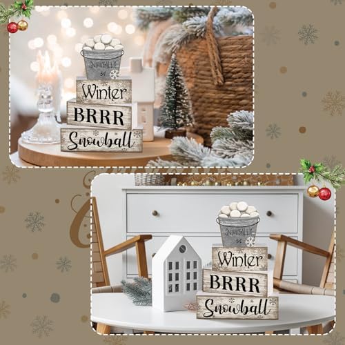 Moucuny 4 Pcs Winter Wooden Block Signs Farmhouse Table Decoration