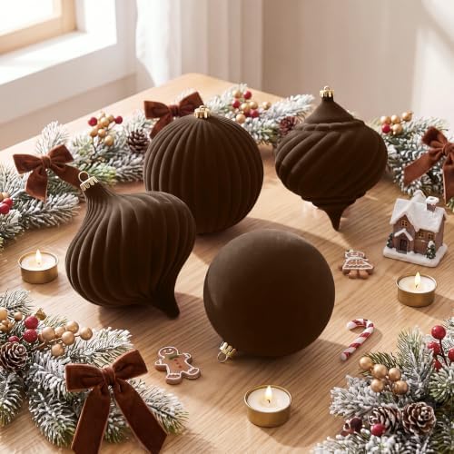 Civaner 4 Pcs Large Velvet Christmas Ball,8 Inch,Dark Brown