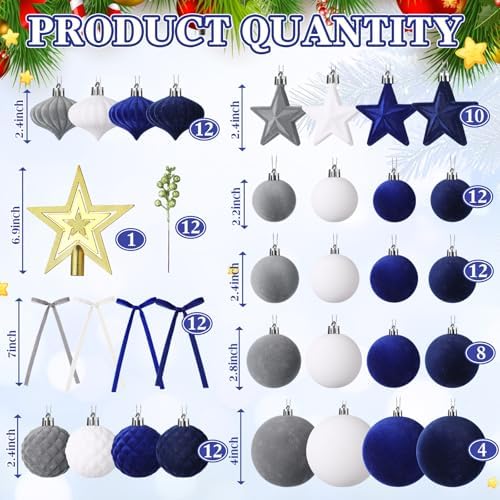 Hollowfly 95 PCS Velvet Christmas Tree Decor Set, Blue, Gray, White