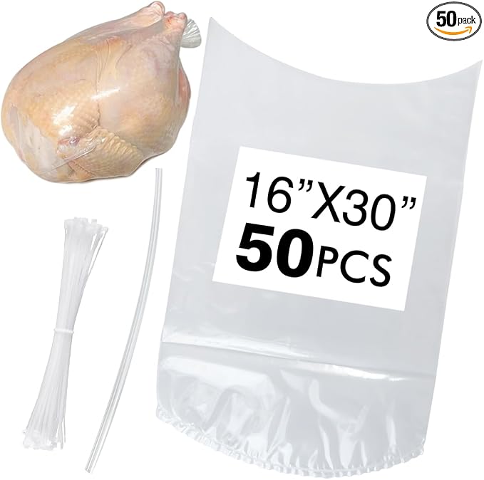 Poultry Shrink Bags, Chicken Bags, 50 Pack (16x30 inches) Clear Poultry Shrink Wrap Freezer with 50 Zippers, Silicone Straws for Chickens, Rabbits