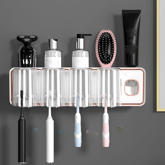 Toothbrush Rack Wall-mounted Hole-free Tooth Cup Holder Bathroom Black and White Transparent Cup Mouthwash Rack Tooth Cylinder Toothpaste Toothbrush Holder Bathroom Toothbrush Holder(B)