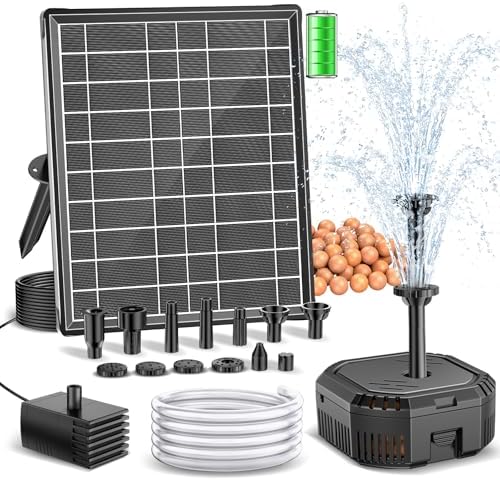 Antfraer 7W Solar Pond Filter with 3600mAh Battery Backup & Fountain Pump, Solar Water Fountain Pump with 8 Nozzles & PVC Tubing, Solar Fountain for Bird Bath, Small Ponds, Waterfall, Hydroponics