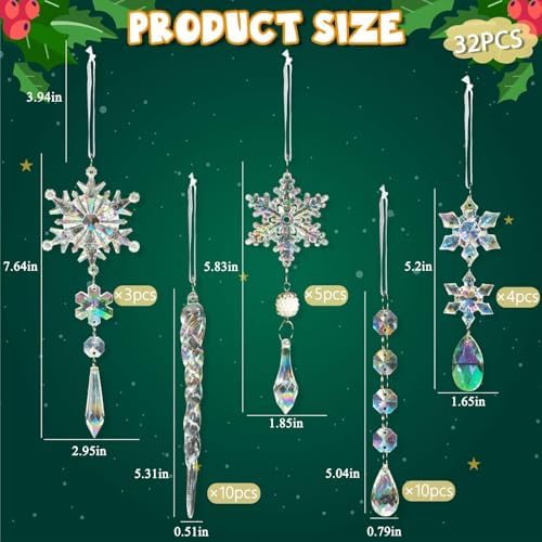 Crystal Christmas Tree Ornaments, 32pcs Iridescent Acrylic Snowflake Icicle