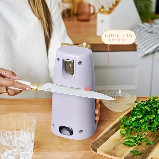 New B'eautiful Easy-Prep Electric Can Opener with 70-watt motor effectively, Auto-turn & One-Touch Operation Built-in knife sharpener and bottle opener by D'rew Barry'more (Lavender)