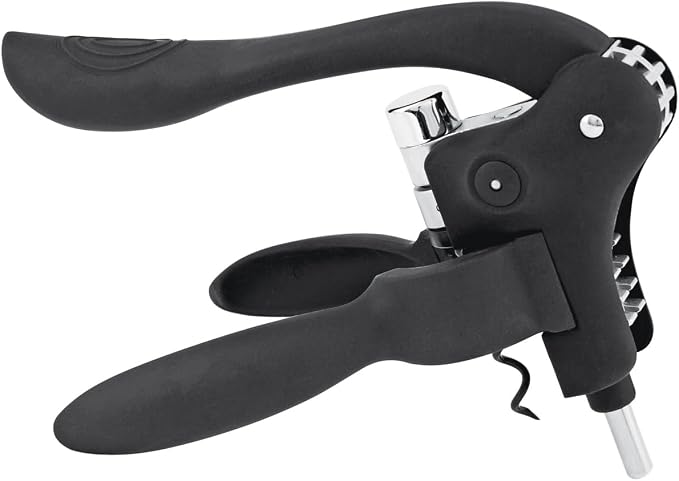 True Virtuoso Easy Lever Corkscrew Wine Opener Manual, Stainless Steel Corkscrew Wine Opener with Foil Cutter and Ergonomic Soft Touch Handle, Black