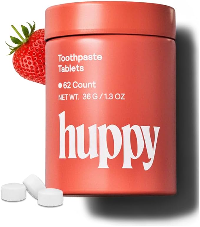 Huppy Toothpaste Tablets, Nano Hydroxyapatite, Fluoride Free and Plastic Free, Natural Whitening, Remineralizing, SLS Free, Travel Friendly Chewable Tabs, Strawberry Flavor, 62 Count (1 Month Supply)