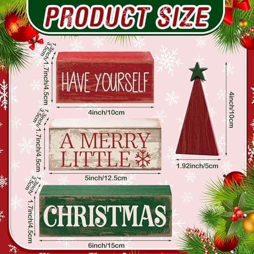 Moucuny 4 Pcs Christmas Table Decor, Wooden Red Merry Christmas Tree Signs