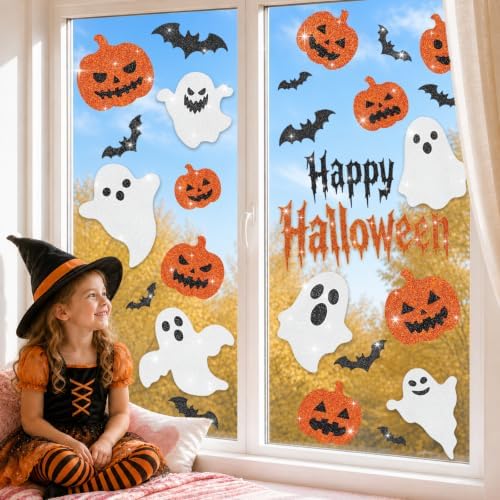Glitter Halloween Window Clings Decor, Cute Ghost Pumpkin Stickers Decals