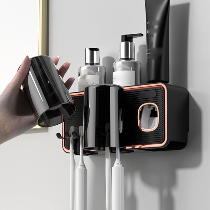 Toothbrush Rack Wall-mounted Hole-free Tooth Cup Holder Bathroom Black and White Transparent Cup Mouthwash Rack Tooth Cylinder Toothpaste Toothbrush Holder Bathroom Toothbrush Holder(A)