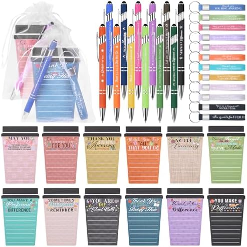 12 Set Employee Appreciation Gifts Bulk Team - 12 Coffee Cup Notepad+ 12 Ballpoint Pens+ 12 Drawstring Gift Bags + 12 Keychain, Bulk Gifts for School Office Christmas Teacher's Day Coworker Nurse Employee