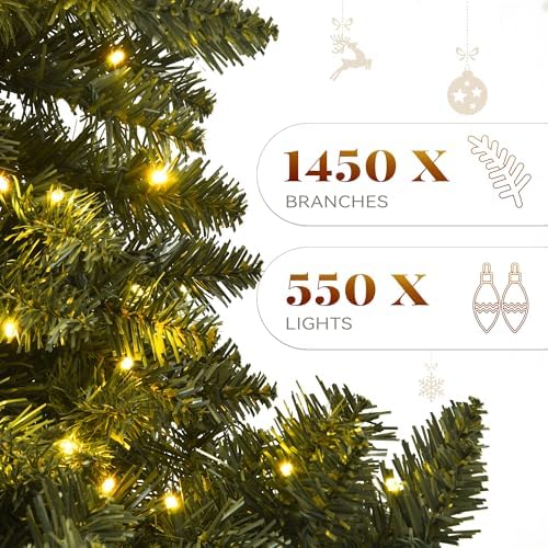 YITAHOME Pre-Lit Artificial Hinged Christmas Tree with Remote Control, 7.5ft Prelighted Spruce Xmas Tree for Home, Office, Party Decoration with 1450 Branch Tips and 550 Warm White Lights, Green