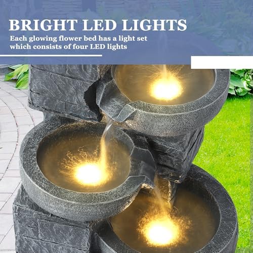 Grepatio 4-Tiers Indoor/Outdoor Garden Water Fountain, 21.9" H Cascading Water Feature Waterfalls Fountain with 4 LED Lights, Outdoor Floor Standing Water Fountains for Garden, Yard, Decor (Grey)