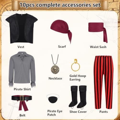 9pcs Adult Halloween Pirate Costume for Men with Accessories