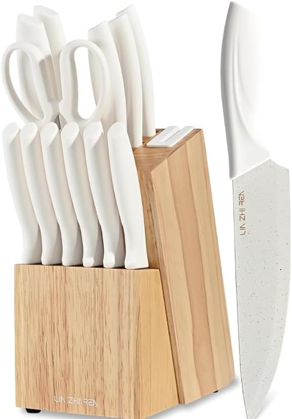 Knife Set, 15 Pieces Kitchen Knife Sets with Block, Built-in Sharpener, Dishwasher Safe, Anti-slip Ergonomic Handle, Knife Block Set for Chopping, Slicing, Dicing & Cutting, white