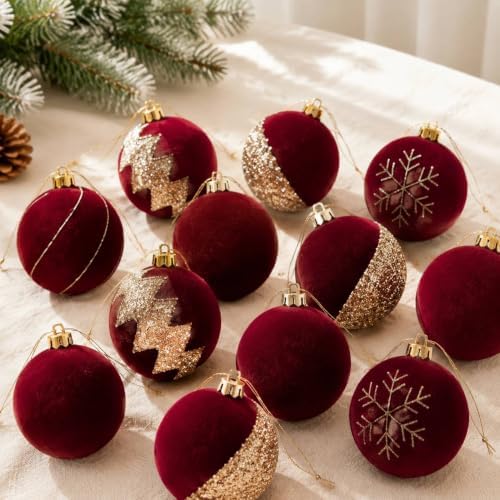 12Pcs Red Velvet Christmas Ornaments 3.15In Balls for Christmas Tree Deco