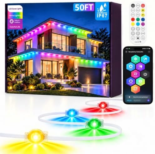 50Ft Permanent Outdoor Lights, RGB+IC Smart LED Eave Lighting with App/Remote Control,IP67 Waterproof,16 Million Colors,Scene Modes, DIY Music Sync, for Christmas, Holiday & Party Decor
