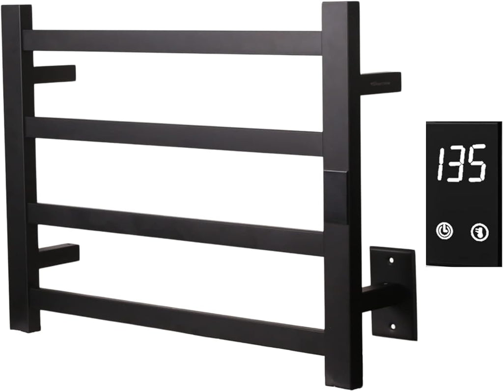 Topdattion Electric Towel Warmer | Super Thin | with Timer & Temperature Multi-Level Adjustments | Hardwired & Plug-in | 4 Bar Matte Black Finish