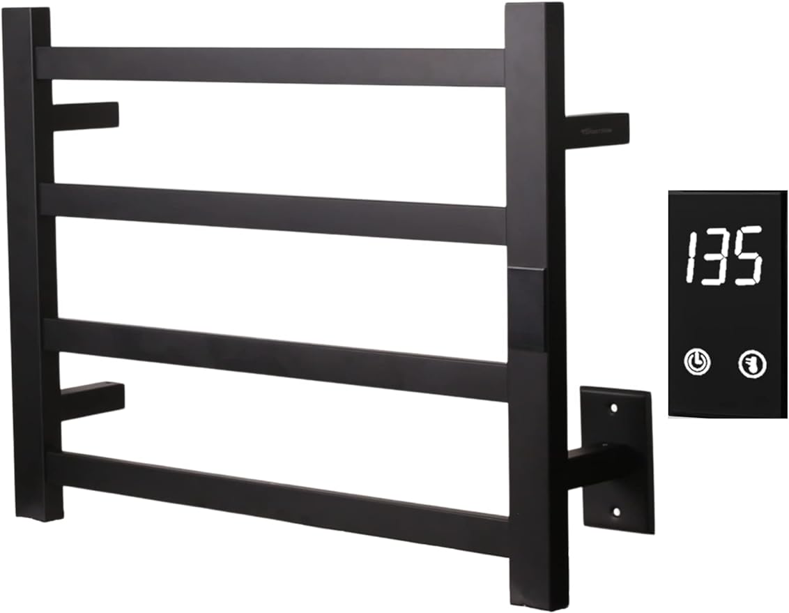Topdattion Electric Towel Warmer | Super Thin | with Timer & Temperature Multi-Level Adjustments | Hardwired & Plug-in | 4 Bar Matte Black Finish