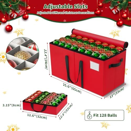 Christmas Ornament Storage Box, 8 Individual Trays with Handles, Red