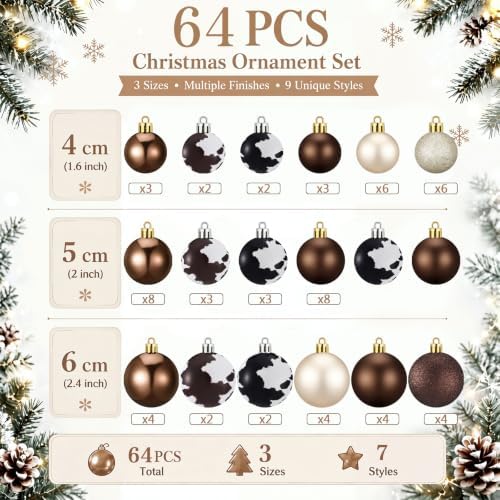 Lunmon 64 Pcs Cow Christmas Ball Ornaments Western Cowboy Xmas Bauble