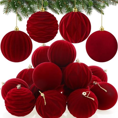 Liliful 4 Inch 12 Pcs Velvet Christmas Ornaments Balls, Wine Red