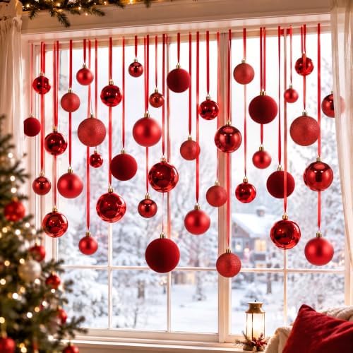 56 Pcs Red Christmas Window Hanging Ball Ornament Window Decorations Set