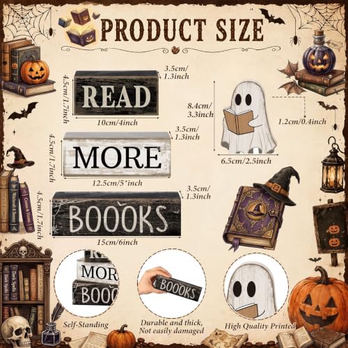 Moucuny 4 Pcs Halloween Table Decoration Wooden Ghost Reading Stacked Block