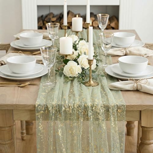 Artoid Mode Sage Green Gold Gauze Table Runner 59x120 Inch 10FT, Glitter Metallic Foil Sheer Dining Wedding Anniversary Holiday Birthday Table Decor for Home Party