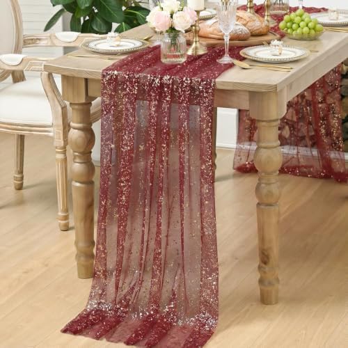 Artoid Mode 3PC Burgundy Gold Gauze Table Runner 120 Inch 10FT, Glitter Metallic Foil Sheer Dining Wedding Anniversary Holiday Birthday Table Decor for Home Party