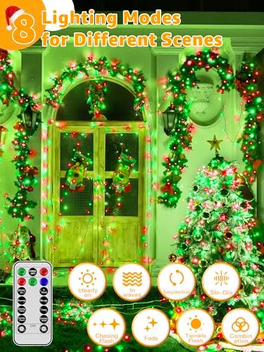BrightChristmas 500 LED 164 FT Christmas Lights, Waterproof Outdoor String Lights with Remote and Timer, Christmas Tree Lights with 8 Modes Dimmable, Fairy Lights for Holiday Decor (Red and Green)