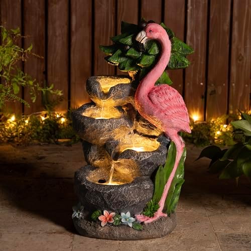 Glitzhome Outdoor Water Fountain, 4-Tiered Flamingo Outdoor Fountain with Lights, 23.5" H Polyresin Decorative Waterfall Feature Garden Fountain with Pump for Garden, Patio, Yard, Deck, Porch Decor