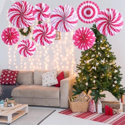 Outus 9 Pcs Christmas Hanging Decorations Peppermint Paper Fans Pink