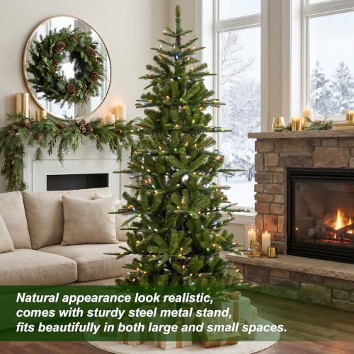 Glitzhome 6.5ft Prelit Christmas Tree, Cascade Evergreen Slim Fir Artificial Christmas Tree with 250 Strawberry Lights,734 PE&PVC Branch Tips, 9 Functional Warm White/Multi-Color, Remote Controller