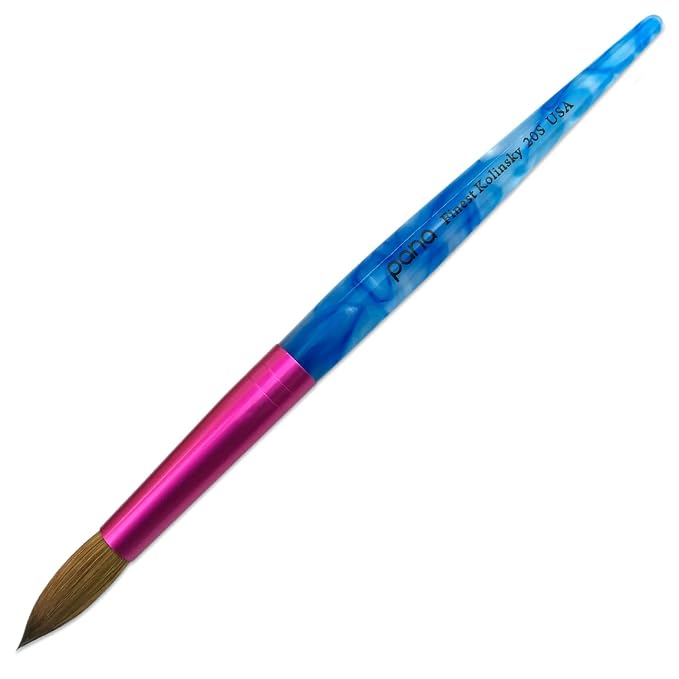 PANA USA Acrylic Nail Brush Pure Kolinsky Hair Acrylic White Swirl Blue Handle with Pink Ferrule Round Shaped - Size 20