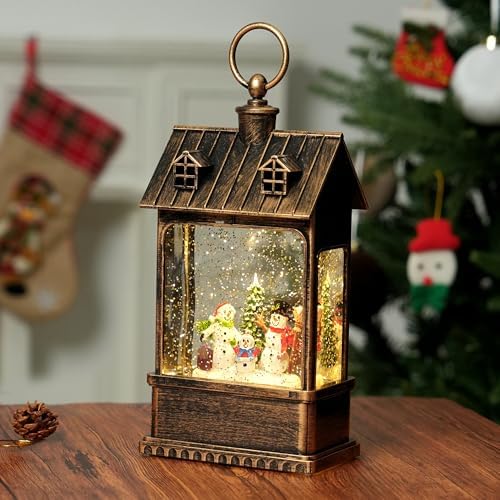 Christmas Snow Globe Lantern Water Glittering Snowman Family with Music, USB Lined/Battery Operated Lighted Lantern for Christmas Festival Decoration Gifts