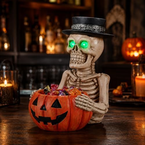Halloween Skeleton Pumpkin Candy Bowl with Glowing Eyes