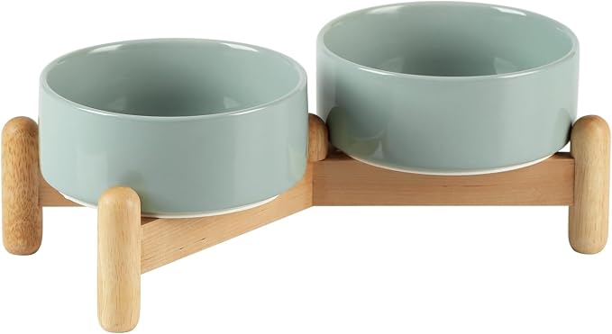 Havniva Elevated Dog Bowls Ceramic Dog Bowls with Stand, Dog Food Bowl | 5.1” Raised Dog Bowls with Non-Slip Wood Stand, Dog Food and Water Bowl Set, Double Dog Feeding Bowls for Small Dogs