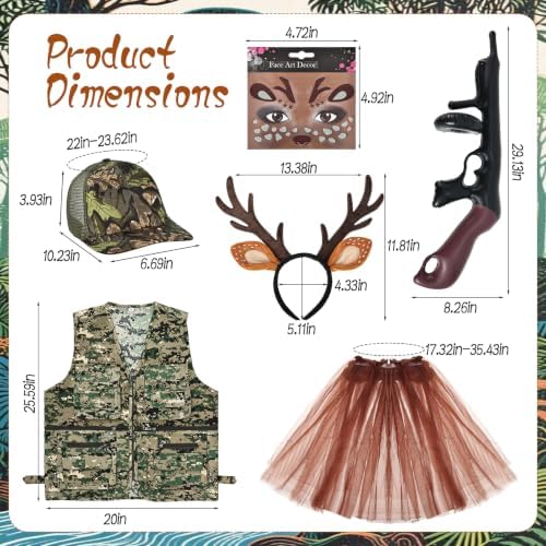 6 Pcs Deer Hunter Costume Set for Couple - Hunting Outfit Dress Up Kit - Camo Vest Camo Hat Antler Headband Tattoo Stickers Skirt Inflatable Toy Gun - Halloween Cosplay Party Fancy Dress Accessories