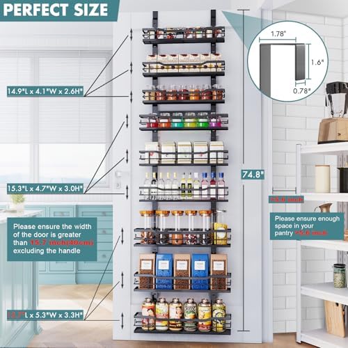 Eastherry Over The Door Pantry Organizer，9-Tier Over The Door Organizer with Adjustable Basket，Metal Hanging Pantry Organizers and Storage for Kitchen, Back of Door Seasoning Rack (Black)