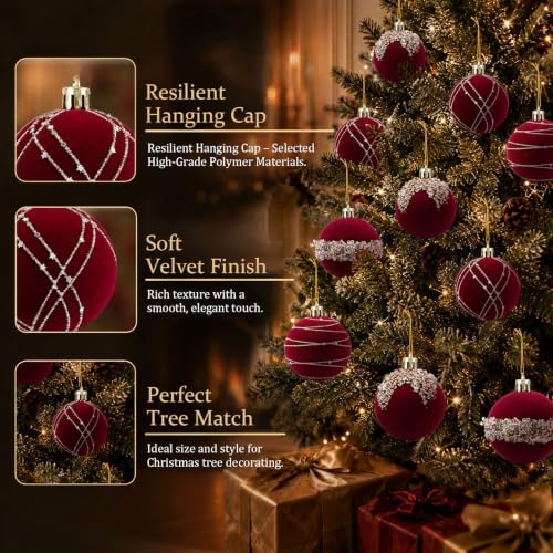 12Pcs Red Velvet Christmas Ornaments 3.15In Balls for Christmas Tree Deco
