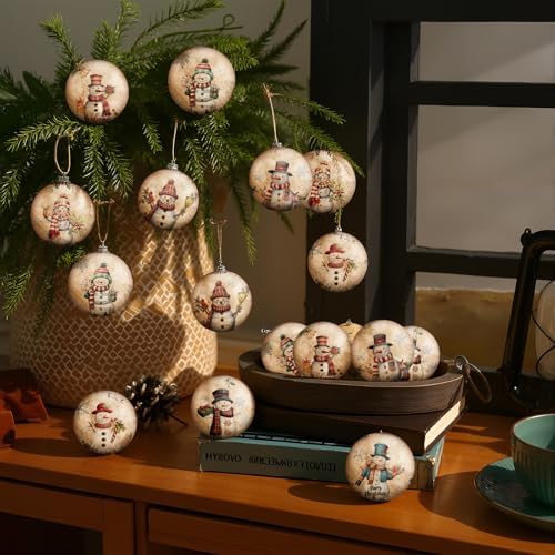 Outus 16 Pcs Christmas Tree Ornaments Ball Vintage Snowman Decorations for Tree Vintage Style Hanging Ornaments Farmhouse Home Fireplace Decoration Holiday Party Favors
