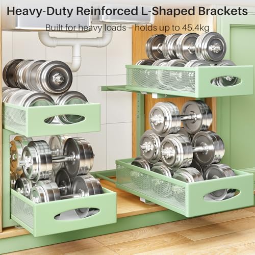 Under Sink Organizer, 2 Tier Pull out Cabinet Organizer Baskets with Mesh Sliding Drawers, Slide out Storage Shelf for Home, Kitchen, Bathroom, Pantry, Office Cabinet(1 Pack, Green)