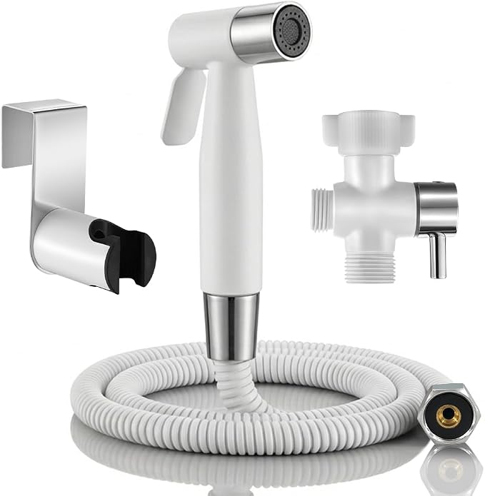BARROCK Handheld Bidet Sprayer for Toilet, Stainless Steel Metal Made Baby Cloth Diaper Spraying Kit, Bathroom Toilet Bidet Attachment Set for Bathing Pets and Feminine Hygiene, Chrome and White