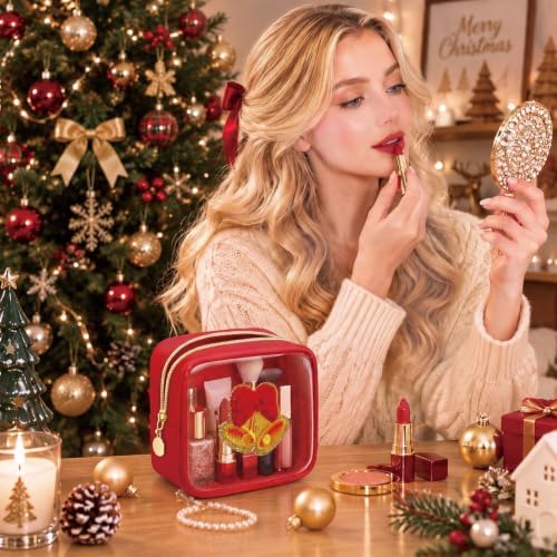 Abbylike 1 Pcs Christmas Preppy Patch Makeup Bags Bulk Holiday Makeup Bag Skincare Pouch Xmas Zipper Cosmetic Pouch Preppy Thing for Travel Christmas Women Gift (Classic,Red)