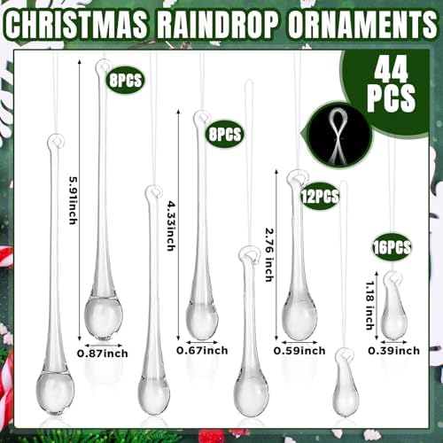 44 Pcs Crystal Glass Teardrop Christmas Ornaments, 4 Medium Size