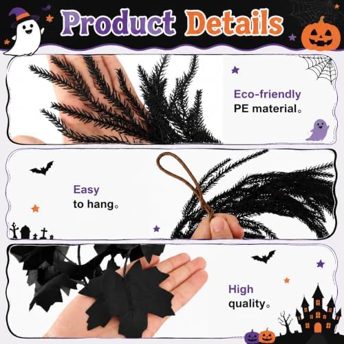 2 Pcs Black Norfolk Pine Maple Leaf Garland, Spooky Halloween Garland Set