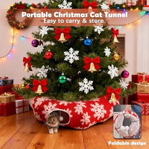Cat Tunnel Christmas Tree Skirt,Christmas Tree Cat Tunnel for Indoor Cats,Cat Tunnels Tree Skirt,Soft Peekaboo Hideway Bed Cave Donut Toys Circle Tunnels for Kittens & Large Cats (Red)
