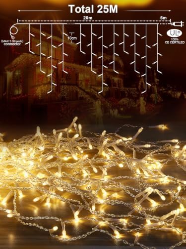 ROOR Christmas Icicle Lights, Outdoor String Lights, 66FT 640LED Warm White