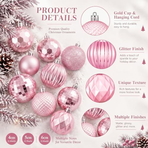 Lunmon 64 Pieces Pink Christmas Ball Ornaments Shiny Pink Xmas Bulbs