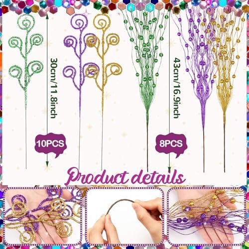 Daifunli 36 Pcs Christmas Tree Picks Sprays,17'' 12'', Gold, Purple, Green